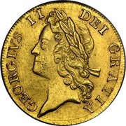 UK Guinea George II (2nd portrait) Large letters 1734 KM# 573.3 GEORGIVS ∙ II ∙ DEI ∙ GRATIA ∙ coin obverse UK Guinea George II (2nd portrait) Large letters 1734 KM# 573.3 GEORGIVS ∙ II ∙ DEI ∙ GRATIA ∙ coin obverse