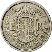 UK Half Crown Elizabeth II 1953 KM# 893 + FID∙ ∙DEF + E R E∙F C∙T HALF CROWN 1953 coin reverse UK Half Crown Elizabeth II 1953 KM# 893 + FID∙ ∙DEF + E R E∙F C∙T HALF CROWN 1953 coin reverse