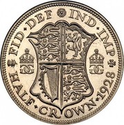 UK Half Crown George V 1928 KM# 835 FID∙DEF IND∙IMP K G HALF∙ CROWN∙ *YEAR* coin reverse UK Half Crown George V 1928 KM# 835 FID∙DEF IND∙IMP K G HALF∙ CROWN∙ *YEAR* coin reverse