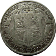 UK Half Crown George V modified head 1927 KM# 830 HONI SOIT∙ QVI MAL∙ Y PENSE∙ ∙ FID: DEF: IND: IMP: ∙ HALF ∙ *YEAR* ∙ CROWN coin reverse UK Half Crown George V modified head 1927 KM# 830 HONI SOIT∙ QVI MAL∙ Y PENSE∙ ∙ FID: DEF: IND: IMP: ∙ HALF ∙ *YEAR* ∙ CROWN coin reverse