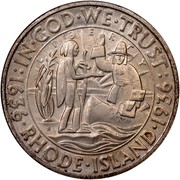 USA Half Dollar Rhode Island Tercentenary 1936 S KM# 185 : IN ∙ GOD ∙ WE ∙ TRUST : 1636 ∙ RHODE ∙ ISLAND ∙ 1936 coin obverse USA Half Dollar Rhode Island Tercentenary 1936 S KM# 185 : IN ∙ GOD ∙ WE ∙ TRUST : 1636 ∙ RHODE ∙ ISLAND ∙ 1936 coin obverse