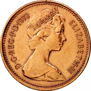 UK New Penny Elizabeth II 1973 KM# 915 D∙G∙REG∙F∙D∙1980 ELIZABETH∙II coin obverse UK New Penny Elizabeth II 1973 KM# 915 D∙G∙REG∙F∙D∙1980 ELIZABETH∙II coin obverse