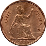 UK One Penny Elizabeth II 1953 KM# 883 + ELIZABETH II DEI GRA:BRITT:OMN:REGINA F:D: coin obverse UK One Penny Elizabeth II 1953 KM# 883 + ELIZABETH II DEI GRA:BRITT:OMN:REGINA F:D: coin obverse
