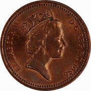 UK One Penny Elizabeth II 1986 KM# 935 ELIZABETH II D∙G∙REG∙F∙D∙1989 RDM coin obverse UK One Penny Elizabeth II 1986 KM# 935 ELIZABETH II D∙G∙REG∙F∙D∙1989 RDM coin obverse