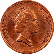 UK One Penny Elizabeth II 1996 KM# 935a ELIZABETH II D∙G∙REG∙F∙D∙1996 RDM coin obverse UK One Penny Elizabeth II 1996 KM# 935a ELIZABETH II D∙G∙REG∙F∙D∙1996 RDM coin obverse