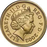UK One Pound English Lions 2002 British Royal Mint Proof KM# 1030 ELIZABETH∙II∙D∙G REG∙F∙D∙2002 IRB coin obverse UK One Pound English Lions 2002 British Royal Mint Proof KM# 1030 ELIZABETH∙II∙D∙G REG∙F∙D∙2002 IRB coin obverse