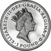 UK Pound Britannia 1997 Proof KM# 980 ELIZABETH'II'DEI'GRATIA'REGINA'F'D '1 POUND' RDM coin obverse UK Pound Britannia 1997 Proof KM# 980 ELIZABETH'II'DEI'GRATIA'REGINA'F'D '1 POUND' RDM coin obverse