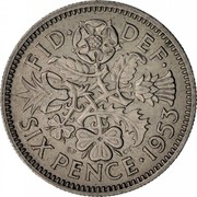 UK Six Pence Elizabeth II 1953 Proof KM# 889 FID∙ DEF∙ SIX PENCE 1953 E.F C.T coin reverse UK Six Pence Elizabeth II 1953 Proof KM# 889 FID∙ DEF∙ SIX PENCE 1953 E.F C.T coin reverse