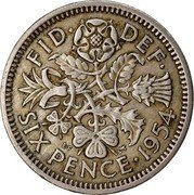 UK Six Pence Elizabeth II (1st portrait) 1954 KM# 903 FID∙ DEF∙ SIX PENCE∙*YEAR* E.F C.T coin reverse UK Six Pence Elizabeth II (1st portrait) 1954 KM# 903 FID∙ DEF∙ SIX PENCE∙*YEAR* E.F C.T coin reverse