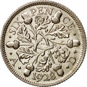 UK Six Pence George V 1928 Proof KM# 832 ∙SIX PEN CE∙ ∙ A ∙ *YEAR* ∙ D ∙ KC coin reverse UK Six Pence George V 1928 Proof KM# 832 ∙SIX PEN CE∙ ∙ A ∙ *YEAR* ∙ D ∙ KC coin reverse