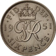 UK Six Pence George VI 1951 Proof KM# 875 ∙FID DEF∙ *YE G VI R AR* ∙SIX PENCE∙ coin reverse UK Six Pence George VI 1951 Proof KM# 875 ∙FID DEF∙ *YE G VI R AR* ∙SIX PENCE∙ coin reverse