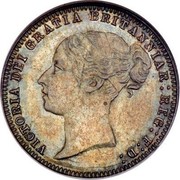 UK Six Pence Victoria 1877 KM# 751.2 VICTORIA DEI GRATIA BRITANNIAR : REG : F : D : coin obverse UK Six Pence Victoria 1877 KM# 751.2 VICTORIA DEI GRATIA BRITANNIAR : REG : F : D : coin obverse