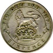 UK Sixpence George V Modified head 1922 KM# 815a.1 FID: DEF: IND: IMP: *YEAR* SIXPENCE coin reverse UK Sixpence George V Modified head 1922 KM# 815a.1 FID: DEF: IND: IMP: *YEAR* SIXPENCE coin reverse