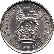 UK Sixpence George V Modified head 1926 KM# 815a.2 FID:DEF:IND:IMP: *YEAR* SIXPENCE coin reverse UK Sixpence George V Modified head 1926 KM# 815a.2 FID:DEF:IND:IMP: *YEAR* SIXPENCE coin reverse