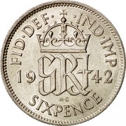 UK Sixpence George VI 1942 Proof KM# 852 FID∙DEF∙ ∙IND∙IMP *YE GRI AR* K. G. SIXPENCE coin reverse UK Sixpence George VI 1942 Proof KM# 852 FID∙DEF∙ ∙IND∙IMP *YE GRI AR* K. G. SIXPENCE coin reverse