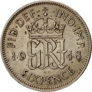 UK Sixpence George VI 1948 Proof KM# 862 FID∙DEF∙ ∙IND∙IMP *YE GRI AR* K∙G SIXPENCE coin reverse UK Sixpence George VI 1948 Proof KM# 862 FID∙DEF∙ ∙IND∙IMP *YE GRI AR* K∙G SIXPENCE coin reverse