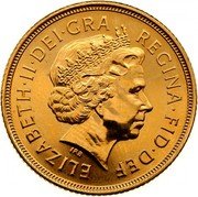 UK Sovereign Elizabeth II 2004 KM# 1002 ELIZABETH∙II∙DEI∙GRA REGINA∙FID∙DEF IRB coin obverse UK Sovereign Elizabeth II 2004 KM# 1002 ELIZABETH∙II∙DEI∙GRA REGINA∙FID∙DEF IRB coin obverse