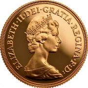 UK Sovereign Elizabeth II (2nd portrait) 1980 KM# 919 ELIZABETH∙II∙DEI∙GRATIA∙REGINA∙F:D: coin obverse UK Sovereign Elizabeth II (2nd portrait) 1980 KM# 919 ELIZABETH∙II∙DEI∙GRATIA∙REGINA∙F:D: coin obverse
