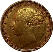 UK Sovereign Victoria 1872 KM# 752 VICTORIA D:G: BRITANNIAR: REG: F:D: coin obverse UK Sovereign Victoria 1872 KM# 752 VICTORIA D:G: BRITANNIAR: REG: F:D: coin obverse