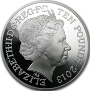 UK Ten Pounds 60th Anniversary of Coronation 2013 Proof KM# 1264 ELIZABETH II D G REG F D TEN POUNDS 2013 IRB coin obverse UK Ten Pounds 60th Anniversary of Coronation 2013 Proof KM# 1264 ELIZABETH II D G REG F D TEN POUNDS 2013 IRB coin obverse