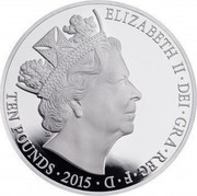 UK Ten Pounds The Longest Reigning British Monarch 2015 British Royal Mint Proof KM# 1302 ELIZABETH II.DEI.GRA.REG.F.D. TEN POUNDS.2015 JB coin obverse UK Ten Pounds The Longest Reigning British Monarch 2015 British Royal Mint Proof KM# 1302 ELIZABETH II.DEI.GRA.REG.F.D. TEN POUNDS.2015 JB coin obverse