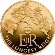 UK Ten Pounds The Longest Reigning British Monarch 2015 British Royal Mint Proof KM# 1303 E II R ST THE LONGEST REIGN coin reverse UK Ten Pounds The Longest Reigning British Monarch 2015 British Royal Mint Proof KM# 1303 E II R ST THE LONGEST REIGN coin reverse