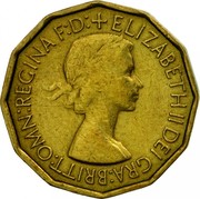 UK Three Pence Elizabeth II 1953 Proof KM# 886 + ELIZABETH II DEI GRA:BRITT:OMN:REGINA F:D: coin obverse UK Three Pence Elizabeth II 1953 Proof KM# 886 + ELIZABETH II DEI GRA:BRITT:OMN:REGINA F:D: coin obverse