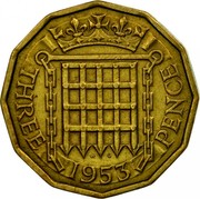 UK Three Pence Elizabeth II 1953 Proof KM# 886 W G THREE 1953 PENCE coin reverse UK Three Pence Elizabeth II 1953 Proof KM# 886 W G THREE 1953 PENCE coin reverse