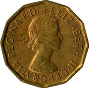 UK Three Pence Elizabeth II (1st portrait) 1967 KM# 900 + ELIZABETH∙II∙DEI∙GRATIA∙REGINA∙F:D: coin obverse UK Three Pence Elizabeth II (1st portrait) 1967 KM# 900 + ELIZABETH∙II∙DEI∙GRATIA∙REGINA∙F:D: coin obverse