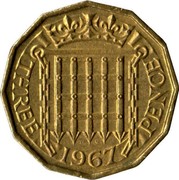UK Three Pence Elizabeth II (1st portrait) 1967 KM# 900 W G THREE *YEAR* PENCE coin reverse UK Three Pence Elizabeth II (1st portrait) 1967 KM# 900 W G THREE *YEAR* PENCE coin reverse