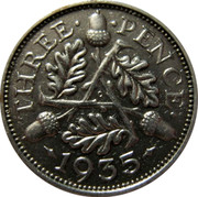 UK Three Pence George V 1935 KM# 831 THREE∙ ∙PENCE∙ G *YEAR* coin reverse UK Three Pence George V 1935 KM# 831 THREE∙ ∙PENCE∙ G *YEAR* coin reverse