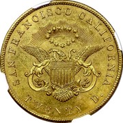 USA Twenty D. 1854 KM# 33.3 Kellogg & Company SAN FRANCISCO CALIFORNIA TWENTY D. coin reverse USA Twenty D. 1854 KM# 33.3 Kellogg & Company SAN FRANCISCO CALIFORNIA TWENTY D. coin reverse