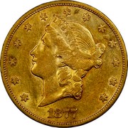 USA Twenty Dollars Liberty Double Eagle 1877 CC KM# 74.3 LIBERTY DATE coin obverse USA Twenty Dollars Liberty Double Eagle 1877 CC KM# 74.3 LIBERTY DATE coin obverse