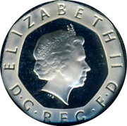 UK Twenty Pence Crowned Tudor Rose 2000 British Royal Mint Proof KM# 990a ELIZABETH II D G REG F D coin obverse UK Twenty Pence Crowned Tudor Rose 2000 British Royal Mint Proof KM# 990a ELIZABETH II D G REG F D coin obverse