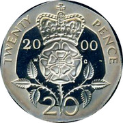 UK Twenty Pence Crowned Tudor Rose 2000 British Royal Mint Proof KM# 990a TWENTY PENCE 2000 20 coin reverse UK Twenty Pence Crowned Tudor Rose 2000 British Royal Mint Proof KM# 990a TWENTY PENCE 2000 20 coin reverse