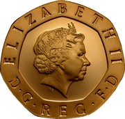 UK Twenty Pence Tudor Rose 2002 British Royal Mint Proof KM# 990b ELIZABETH II D G REG F D coin obverse UK Twenty Pence Tudor Rose 2002 British Royal Mint Proof KM# 990b ELIZABETH II D G REG F D coin obverse