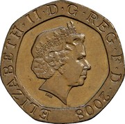 UK Twenty Pence Twenty Pence 2008 KM# 1111 ELIZABETH∙II∙D∙G REG∙F∙D∙2008 IRB coin obverse UK Twenty Pence Twenty Pence 2008 KM# 1111 ELIZABETH∙II∙D∙G REG∙F∙D∙2008 IRB coin obverse