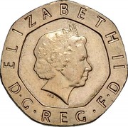 UK Twenty Pence Undated Mule Type Twenty Pence 2008 KM# 1122 ELIZABETH II D∙G∙REG∙F∙D IRB coin obverse