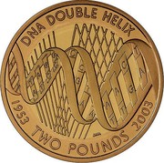 UK Two Pounds 50th Anniversary of the Discovery of DNA (2003) British Royal Mint Proof KM# 1037b DNA DOUBLE HELIX 1953 TWO POUNDS 2003 coin reverse UK Two Pounds 50th Anniversary of the Discovery of DNA (2003) British Royal Mint Proof KM# 1037b DNA DOUBLE HELIX 1953 TWO POUNDS 2003 coin reverse