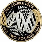 UK Two Pounds 50th Anniversary of the Discovery of DNA (2003) British Royal Mint Proof KM# 1037a DNA DOUBLE HELIX 1953 TWO POUNDS 2003 coin reverse UK Two Pounds 50th Anniversary of the Discovery of DNA (2003) British Royal Mint Proof KM# 1037a DNA DOUBLE HELIX 1953 TWO POUNDS 2003 coin reverse