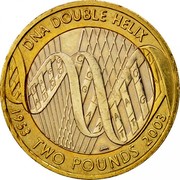 UK Two Pounds 50th Anniversary of the Discovery of DNA (2003) British Royal Mint Proof KM# 1037 DNA DOUBLE HELIX 1953 TWO POUNDS 2003 coin reverse UK Two Pounds 50th Anniversary of the Discovery of DNA (2003) British Royal Mint Proof KM# 1037 DNA DOUBLE HELIX 1953 TWO POUNDS 2003 coin reverse