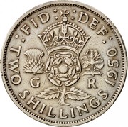 UK Two Shillings Florin 1950 KM# 878 :FID: :DEF: G R TWO SHILLINGS *YEAR* coin reverse UK Two Shillings Florin 1950 KM# 878 :FID: :DEF: G R TWO SHILLINGS *YEAR* coin reverse