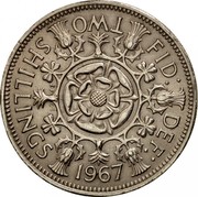 UK Two Shillings Florin 1967 KM# 906 FID: DEF: TWO SHILLINGS *YEAR* E∙F C∙T coin reverse UK Two Shillings Florin 1967 KM# 906 FID: DEF: TWO SHILLINGS *YEAR* E∙F C∙T coin reverse
