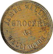 New Zealand 1/2 Penny James Wallace 1859 KM# Tn68 JAMES WALLACE GROCER &C WELLINGTON coin obverse New Zealand 1/2 Penny James Wallace 1859 KM# Tn68 JAMES WALLACE GROCER &C WELLINGTON coin obverse