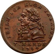 UK 1/2 Penny Middlesex - Thomas Hardy 1794  TRIED FOR HIGH TREASON T. HARDY 1794 coin obverse UK 1/2 Penny Middlesex - Thomas Hardy 1794  TRIED FOR HIGH TREASON T. HARDY 1794 coin obverse