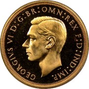UK 1/2 Sovereign George VI 1937 KM# 858 GEORGIVS VI D:G:BR:OMN:REX F:D:IND:IMP. coin obverse