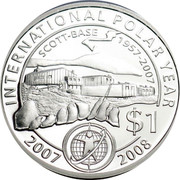 New Zealand $1 50th Anniversary of Scott Base 2007 (m) Proof KM# 297 INTERNATIONAL POLAR YEAR SCOTT-BASE 1957-2007 $1 2007-2008 coin reverse New Zealand $1 50th Anniversary of Scott Base 2007 (m) Proof KM# 297 INTERNATIONAL POLAR YEAR SCOTT-BASE 1957-2007 $1 2007-2008 coin reverse