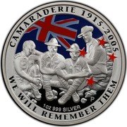 New Zealand 1 Dollar Anzac 2005 (w) Proof KM# 154 CAMARADERIE 1915-2005 WE WILL REMEMBER THEM 1OZ 999 SILVER P coin reverse New Zealand 1 Dollar Anzac 2005 (w) Proof KM# 154 CAMARADERIE 1915-2005 WE WILL REMEMBER THEM 1OZ 999 SILVER P coin reverse