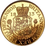UK 1 Guinea Pattern 1813 KM# Pn71 BRITANNIARVM REX FIDEI DEFENSOR 18 13 coin reverse UK 1 Guinea Pattern 1813 KM# Pn71 BRITANNIARVM REX FIDEI DEFENSOR 18 13 coin reverse