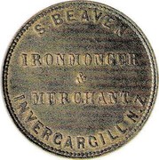 New Zealand 1 Penny Beaven S. Invercargill 1863 KM# Tn9 S. BEAVEN IRONMONGER &MERCHANT INVERCARGILL N.Z. coin obverse New Zealand 1 Penny Beaven S. Invercargill 1863 KM# Tn9 S. BEAVEN IRONMONGER &MERCHANT INVERCARGILL N.Z. coin obverse
